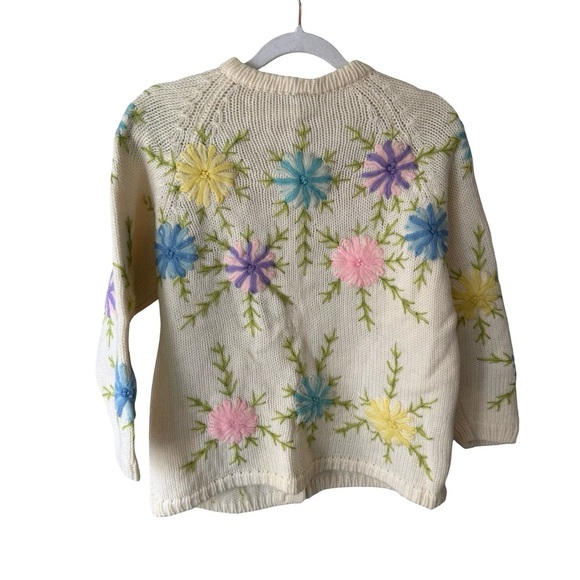 Vintage Hand-Knit Floral Embroidered Cardigan Sweater Cream Multicolor Size S/M - Picture 2 of 11